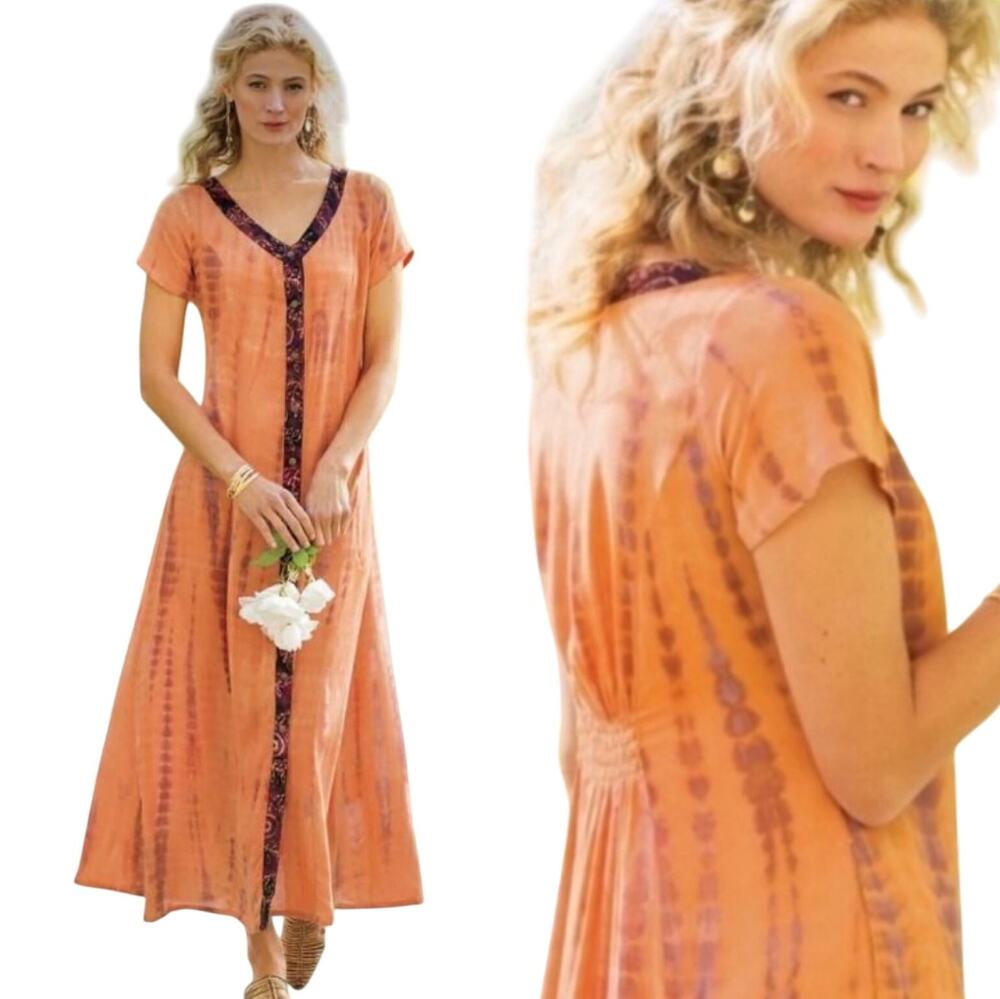 Soft Surroundings Sunset Bali Maxi Dress Tie Dye Pattern V Neck Orange Womens L